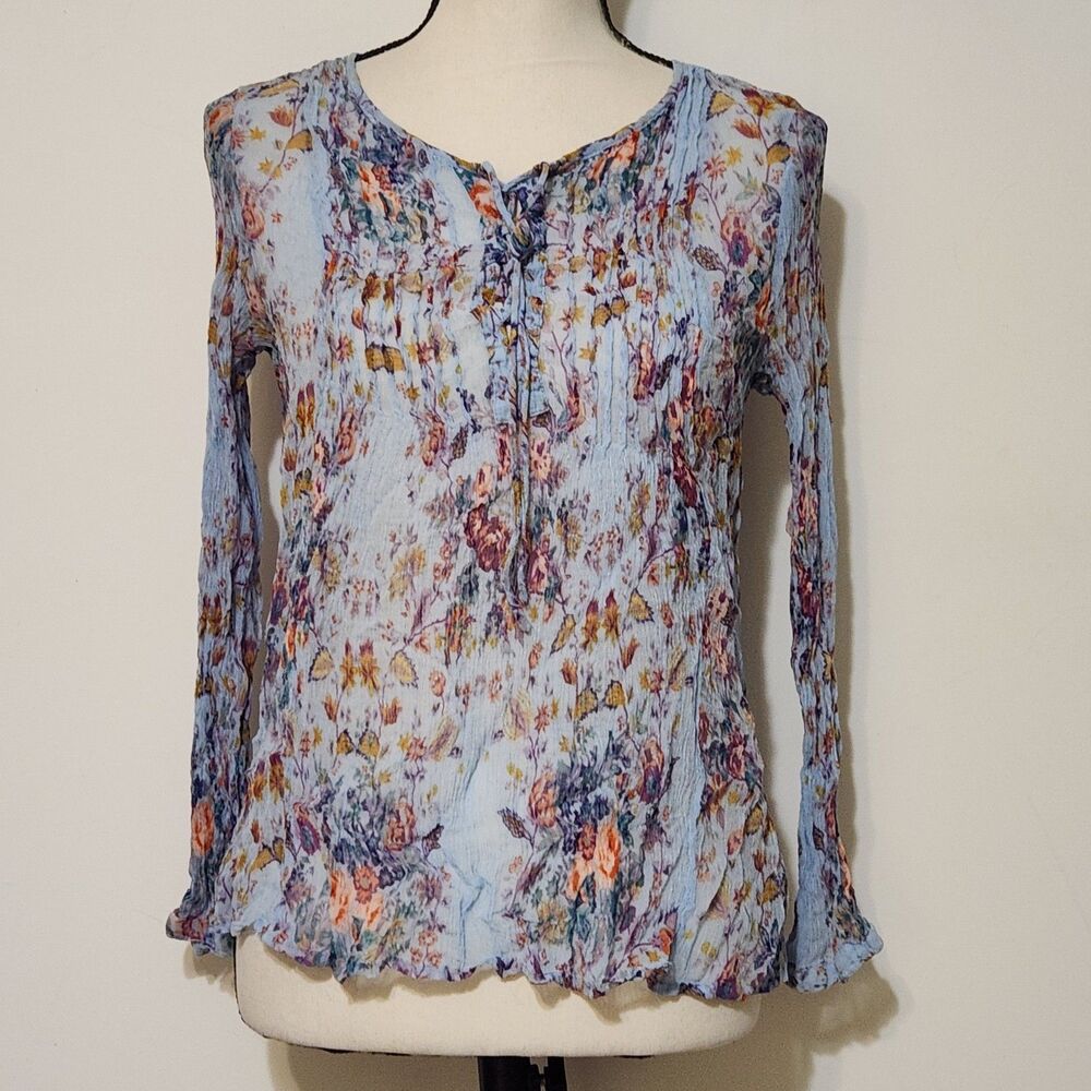 Lucky Brand Mesh Top Blue Floral lightweight sheer Boho SZ M